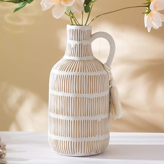 Farmhouse Vase with Handle and Tassel, Grey Yellow Vertical Stripes Design Clay Vase 10'' Tall - Ceramic Flower Vase for Rustic Home Decor, for Fireplace Kitchen Living Room Centerpieces