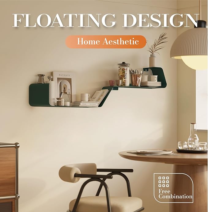 Floating Shelves, Wall Shelf, Set of 3 Mounted Metal Shelves with Unique Design for Wall Storage, Book Shelf, Display Shelves for Bathroom Bedroom Kitchen Living Room for Home Green