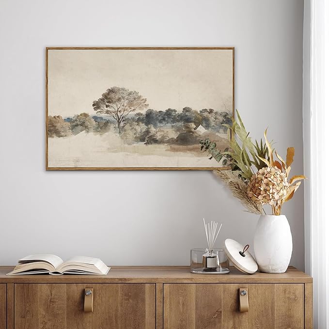 KBKBART Framed Vintage Neutral Wall Art Prints, Antique Rustic Muted Landscape Canvas Painting, Retro Countryside Nature Wilderness Illustrations Farmhouse Decor, Neutral Vintage Decor Ready To Hang