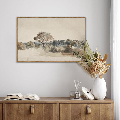 KBKBART Framed Vintage Neutral Wall Art Prints, Antique Rustic Muted Landscape Canvas Painting, Retro Countryside Nature Wilderness Illustrations Farmhouse Decor, Neutral Vintage Decor Ready To Hang
