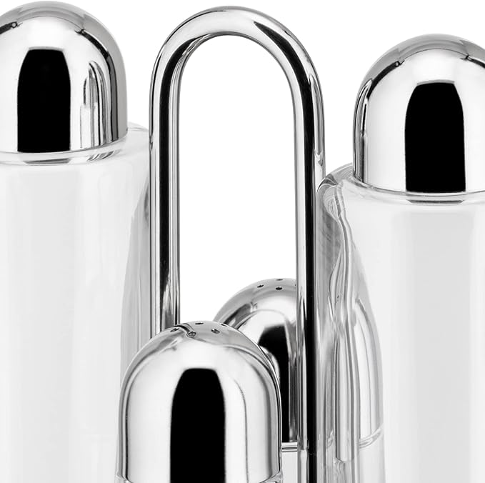 Alessi | 5070 - Design Condiment Set for Oil, Vinegar, Salt and Pepper shaker in 18/10 Stainless Steel and Crystalline Glass