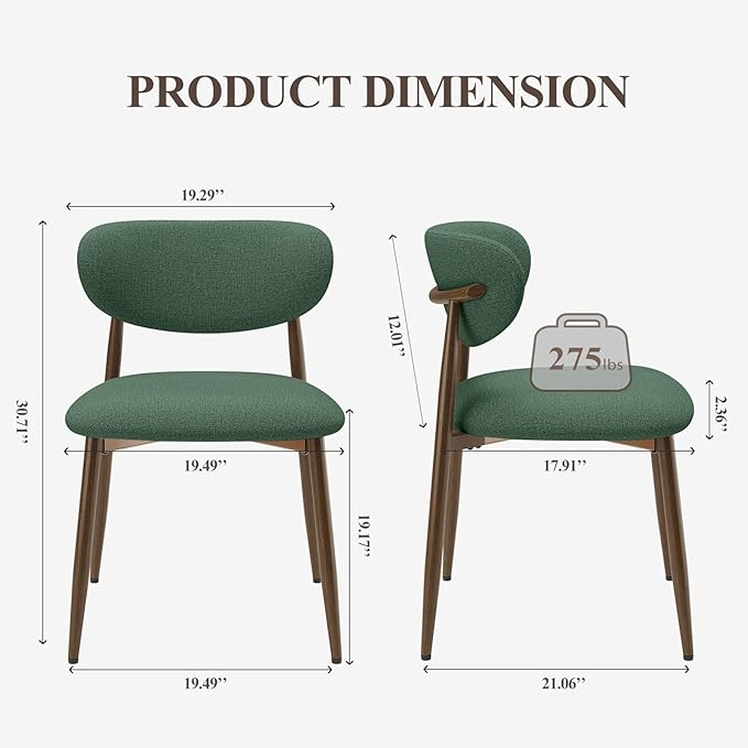 Dining Chairs Set of 2, Upholstered Dining Room Chairs with Metal Legs and Anti Slip Pads, Curved Back Wood Kitchen Chair for Home and Restaurant Use, Green