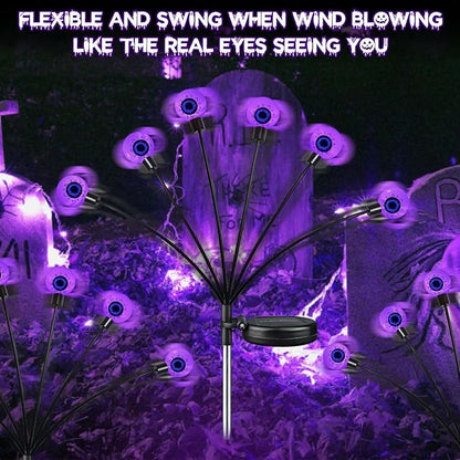4 Pack Halloween Decorations Outdoor Waterproof, 24 LED Purple Solar Eyeball Lights, Swaying Firefly Light (Slow Glow or Steady on), for Garden Grave Yard Lawn Haunted House Decor