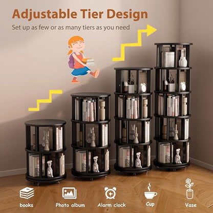 Solid Wood Rotating Bookshelf on Wheels, 5 Tier, Round Revolving Bookcase, 360° Spinning Book Shelf Tower for Kids, Narrow Rolling Bookshelves for Small Space, Corner, Bedroom, Office, Black