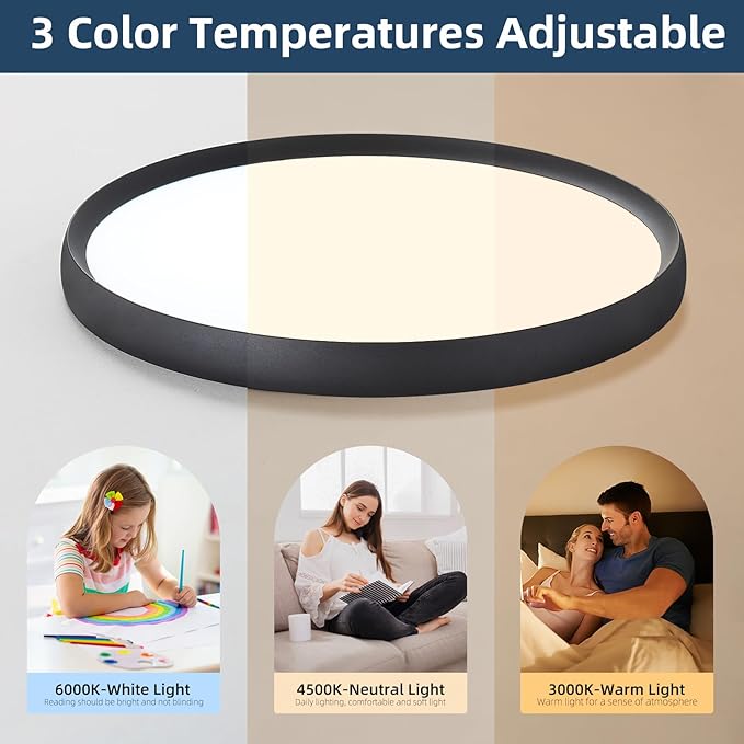 19inch Black LED Ceiling Light Fixture, Ultra-Thin Modern Flush Mount Ceiling Lamp, Dimmable 3000K-6000K, 40W, Minimalist Round Bedroom Light for Living Room, Dining Room, Hallway, Bathroom