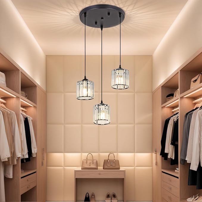 Crystal Pendant Lights Black 3 Light Cluster Ceiling,Modern Hanging Light Fixture for Kitchen Island,Adjustable Round Chandelier for Farmhouse,Dining Room,Foyer,Living Room with LED Bulb