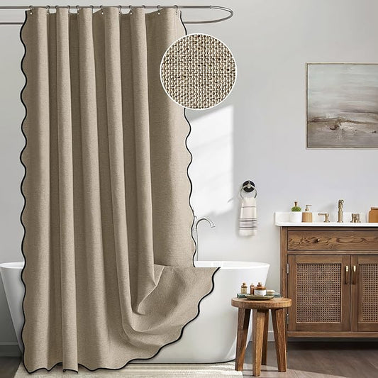 MIULEE 84" Long Scalloped Shower Curtain Linen Textured with 12 Metal Hooks Cute Extra Long Heavy Duty Washable Waterproof Cloth Shower Curtains with Black Border for Bathroom Hotel Bathtub,Khaki