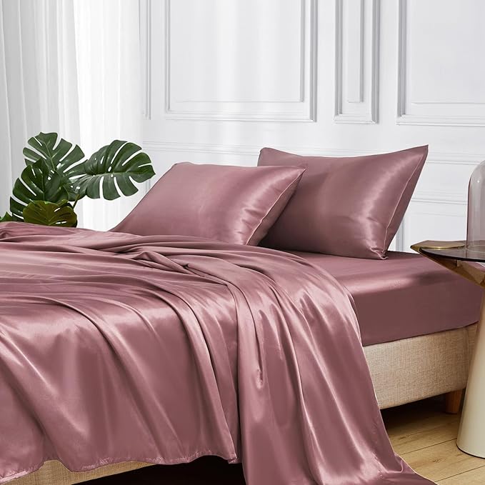MR&HM Satin Bed Sheets, Full Size Sheets Set, 4 Pcs Silky Bedding Set with 15 Inches Deep Pocket for Mattress (Full, Rose Taupe)