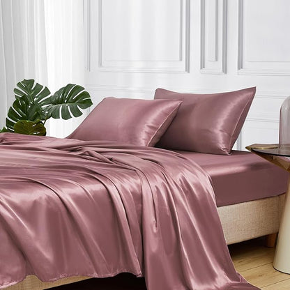 MR&HM Satin Bed Sheets, Full Size Sheets Set, 4 Pcs Silky Bedding Set with 15 Inches Deep Pocket for Mattress (Full, Rose Taupe)