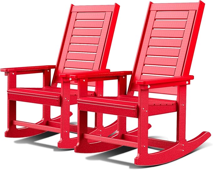 GREENVINES Outdoor Rocking Chairs | Set of 2 | Porch Rocker | HDPE Plastic | Red | Oversized Rockers | High Back | Big & Tall | Ladder Back | for Patio Outside Backyard Balcony