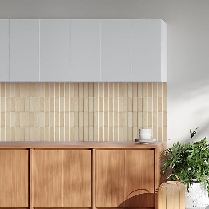 5 Pack Peel and Stick Backsplash Subway Tiles, Extra Thick 3D Wall Panels, Heat & Water Resistant, Easy DIY Kitchen, Bathroom, Laundry, Fireplace & Rental Home Wall Décor (12 x 12 in), Almond