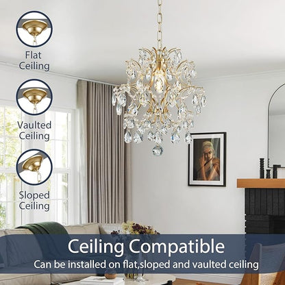 Bestier Gold Modern Pendant Chandelier Crystal Raindrop Lighting Ceiling Light Fixture Lamp for Dining Room Bathroom Bedroom Livingroom entryway 1 E26 Bulbs Required D13 in x H16 in