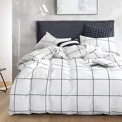 CLOTHKNOW White Plaid Comforter Set Twin/Twin XL 3Pcs Grid Bedding Comforter Sets White and Black Comforter with 2 x Pillowcases