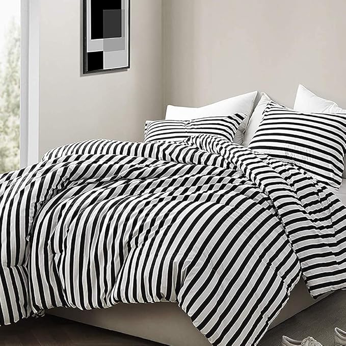 CLOTHKNOW Striped King Size Comforter Set 3Pcs Black White Bedding Comforter Sets Soft Farmhouse Ticking Comforter with 2 x Pillow Cases