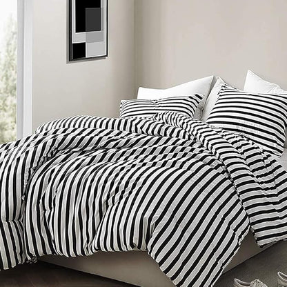 CLOTHKNOW Striped Full Size Comforter Sets Black White Bedding Comforter Sets Farmhouse Comforter Ticking Boho Comforter with 2 x Pillow Cases
