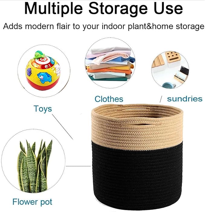 Woven Cotton Rope Plant Basket for 10.5" Flower Pot Floor Indoor Planters Flower Pot, Home Decor Storage Organizer H11 x W11 Black&Brown