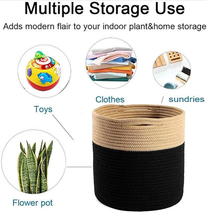Woven Cotton Rope Plant Basket for 10.5" Flower Pot Floor Indoor Planters Flower Pot, Home Decor Storage Organizer H11 x W11 Black&Brown