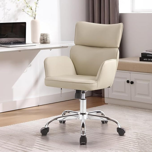 BV Adjustable Desk Chair with Wheels for Make Up, Faux Leather Rolling Armchair, 360° Swivel Comfy Task Chair for Home Office, Beige