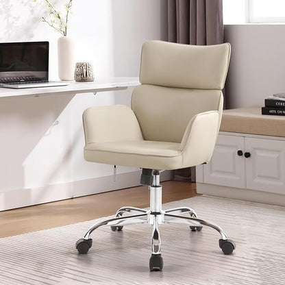 BV Adjustable Desk Chair with Wheels for Make Up, Faux Leather Rolling Armchair, 360° Swivel Comfy Task Chair for Home Office, Beige
