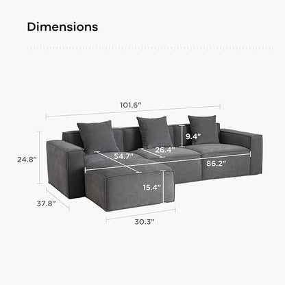 Acanva Luxury Modular Sectional Living Room Sofa Set, Modern Minimalist Style Couch with Ottoman and Chaise, L-Shape, Dark Grey
