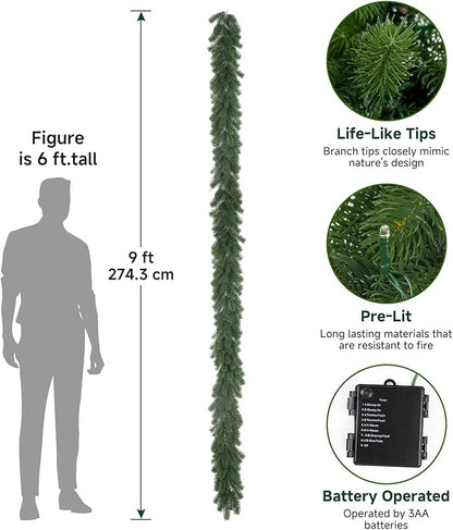 Guirnalda de Navidad preiluminada de 9 pies, Christmas guirnalda de pino Norfolk artificial iluminada con luces multicolor, guirnalda a pilas para manto, escaleras, mesa, chimenea, decoraciones de Navidad