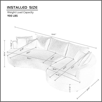 125'' Modern Curved Cloud Sofa Luxury Living Room 5 Seater Combo Sofa Cloud Curve Design Mid Century Upholstered Sofa with Ottoman for Living Room Bedroom Apartment (Boucle, Green)