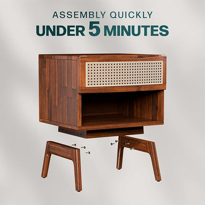 Bme Nancy Side Tables Bedroom, US Patent Pending Design, Acacia Wood Nightstand with Curved Shape and Inlaid Rattan, Nightstand with Drawers, Quick Leg Assembly, Dark Chocolate