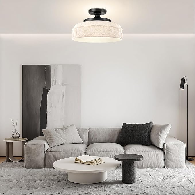 Lamomo Semi Flush Mount Ceiling Light,White Glass Shade Black Hallway Light Fixture,3-Bulb Globe Glass Close to Ceiling Scone,Indoor Hanging Light for Bedroom Kitchen Porch Hallway,Bulbs Not Included