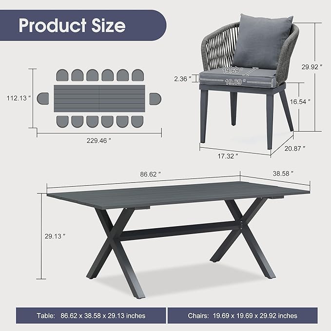 PURPLE LEAF 16 Pieces Patio Dining Table Set Wicker Outdoor Furniture Rectangular Table and Chairs Set for Garden Deck Aluminum Frame Backyard Kitchen Set, Cushions and Pillows Included Grey
