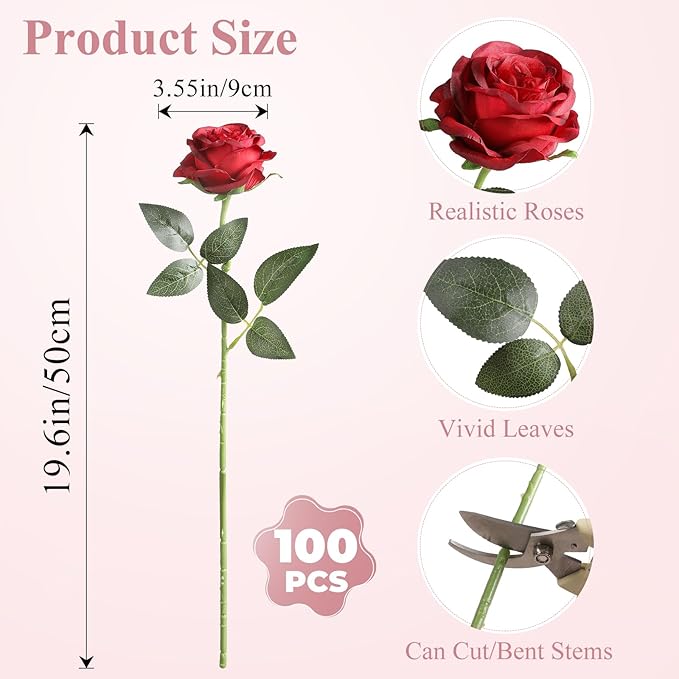 Nubry 100pcs Artificial Silk Roses Bulk,Fake Roses Flower with Stems Realistic Flowers for Wedding Centerpiece Home Party Decor(Burgundy)