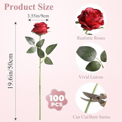 Nubry 100pcs Artificial Silk Roses Bulk,Fake Roses Flower with Stems Realistic Flowers for Wedding Centerpiece Home Party Decor(Burgundy)