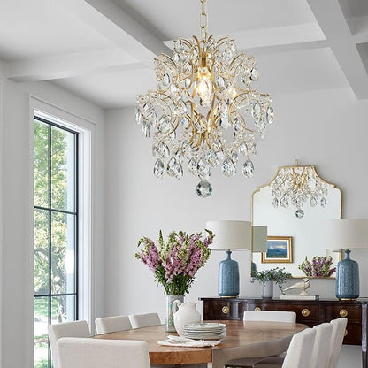 Bestier Gold Modern Pendant Chandelier Crystal Raindrop Lighting Ceiling Light Fixture Lamp for Dining Room Bathroom Bedroom Livingroom entryway 1 E26 Bulbs Required D13 in x H16 in