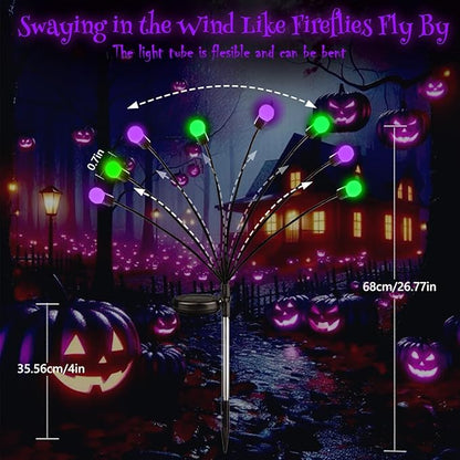 Halloween Decorations Outdoor Solar Pathway Lights, 6 Pack 48LED Solar Firefly Lights Green and Purple, Sway by Wind, Waterproof Solar Halloween Lights for Patio Garden Yard Lawn Horror Party Decor