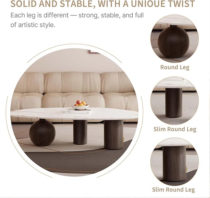 Small Oval Coffee Table, Mid Century Vintage Coffee Table for Living Room White Center Minimalist End Table with Marble Top and Wooden Finished Metal Base