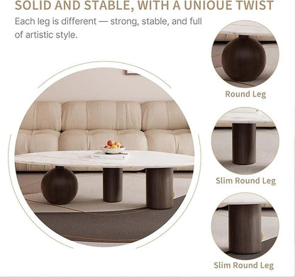 Small Oval Coffee Table, Mid Century Vintage Coffee Table for Living Room White Center Minimalist End Table with Marble Top and Wooden Finished Metal Base