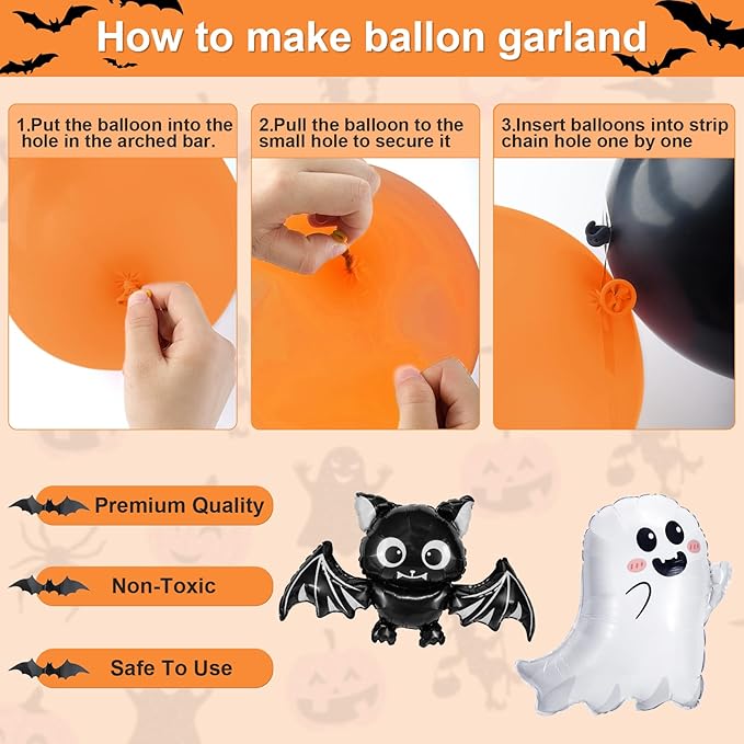 Amandir Orange Black White Sand Halloween Birthday Party Decorations, Happy Boo Day Glitter Banner Halloween Balloon Arch Garland kit Foil Bat Ghost Balloons Cake Toppers for Kids Spooky Baby Shower