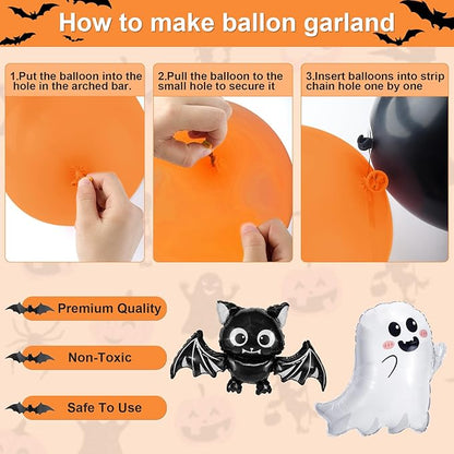 Amandir Orange Black White Sand Halloween Birthday Party Decorations, Happy Boo Day Glitter Banner Halloween Balloon Arch Garland kit Foil Bat Ghost Balloons Cake Toppers for Kids Spooky Baby Shower