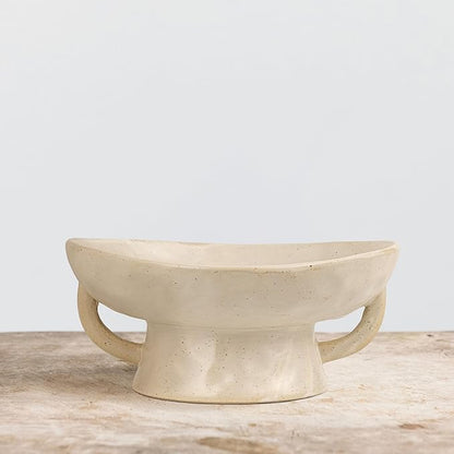 Creative Co-Op Stoneware Footed Pedestal/Bowl with Handles, Reactive Glaze Decorative Object, White