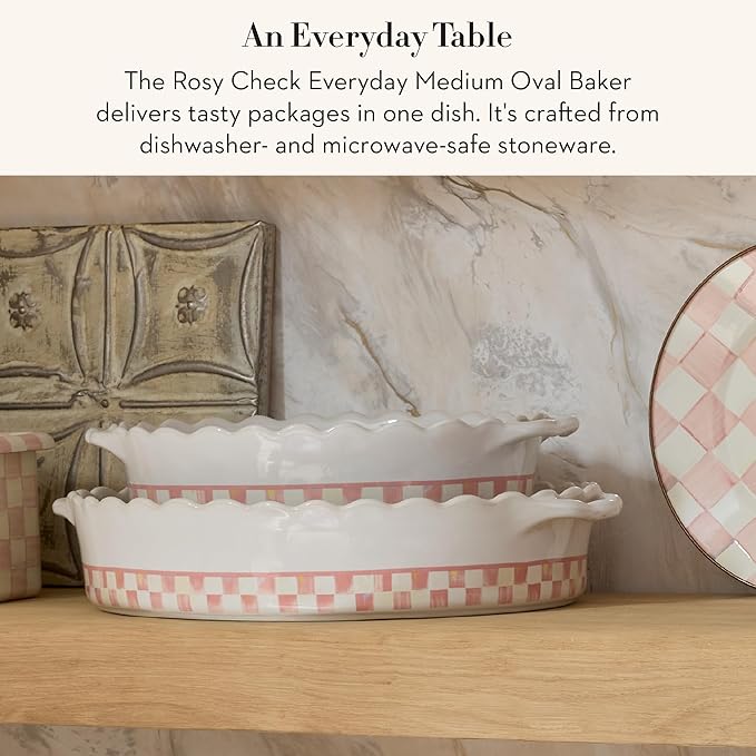 MACKENZIE-CHILDS Everyday Oval Casserole Baker, Cute Oven Baker, Medium, Pink-and-White Rosy Check
