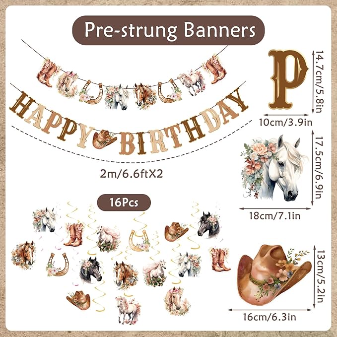 Horse Birthday Decorations,Horse Party Decorations for Girls,Cowgirl Hanging Swirls,Happy Birthday Banners, Western Party Supplies Women