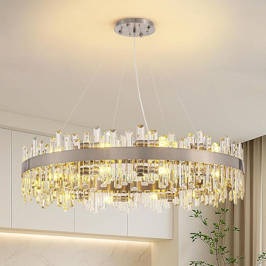 Siljoy 39.4'' Modern Crystal Chandelier, Luxury Large Nickel 2-Tiers Raindrop Chandelier, Adjustable Flush Mount Pendant Ceiling Light for Living Dining Room Foyer Entryway E12 x 20