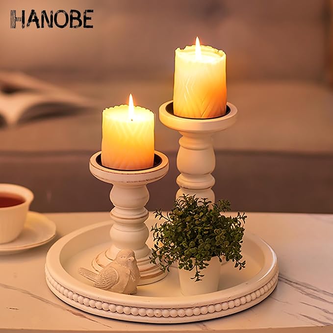 Hanobe Decorative Tray: White Beaded Round Serving Tray Modern Farmhouse Wooden Circle Centerpiece Tray Decor for Home Living Dining Room Kitchen Counter Bathroom