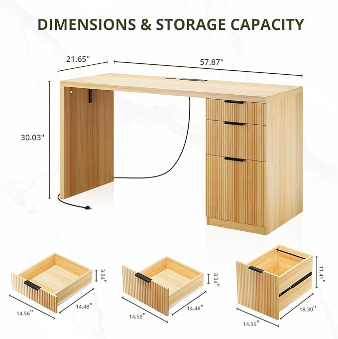 FURSUN 58" Modern Executive Desk with Storage, Home Office Desk with Drawer & Cabinet, Wooden Fluted Desk for Study, Living Room, Bedroom, Natural Oak
