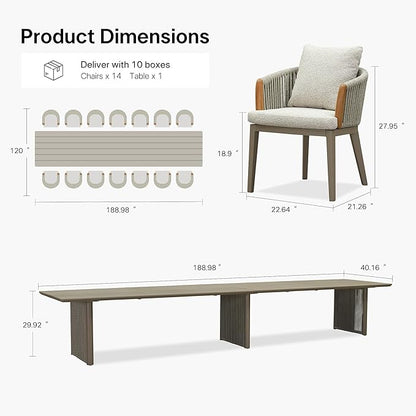 PURPLE LEAF Outdoor Dining Table Set of 15, Aluminum Outdoor Patio Table and Chairs Set with Olefin Cushions, Patio Furniture Set for Garden or Deck, Beige