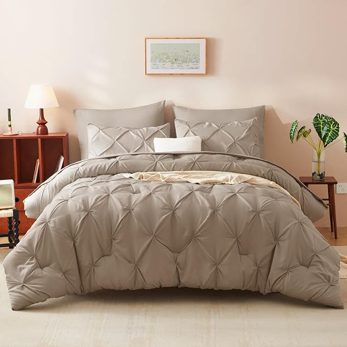 CozyLux Queen Comforter Set Khaki, 7 Pieces Pintuck Bed in A Bag, Premium Khaki Comforter Queen Size, Pinch Pleat Bedding Sets with Comforter, Sheets, Pillowcases & Shams
