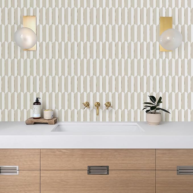 Vamos Tile Peel and Stick Backsplash Seamless Tile for Kitchen,White and Essaouira White Grey PVC Mixed Light Gold Self Adhesive Fish Scale Metal Mosaic Tiles (10 Sheets)