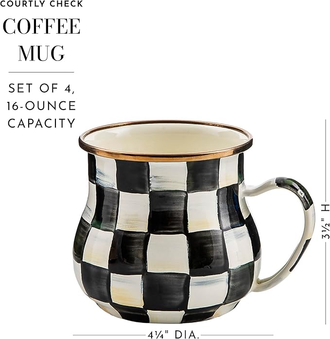 MACKENZIE-CHILDS Enamel Mug, Cute Enamelware Coffee and Tea Mug, Unique Drinkware, 16 Ounces, Black-and-White Courtly Check, Set of 4