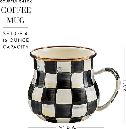 MACKENZIE-CHILDS Enamel Mug, Cute Enamelware Coffee and Tea Mug, Unique Drinkware, 16 Ounces, Black-and-White Courtly Check, Set of 4