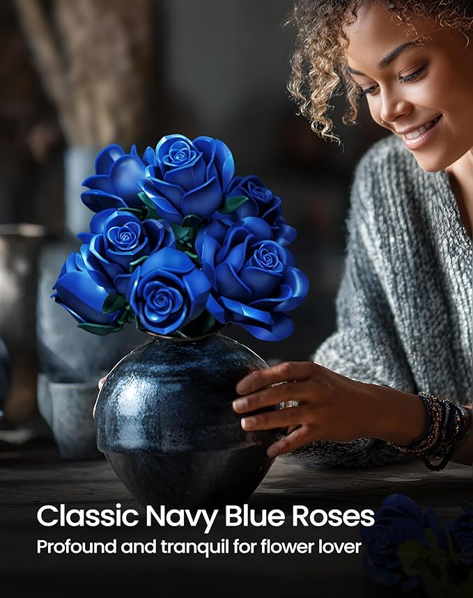 iATOM Blue Rose Bouquet Building Set, Compatible with Lego Flowers for Adults - Gift for Halloween, Gothic Retro Artificial Flowers Botanical Collection Home Decor - IA11007