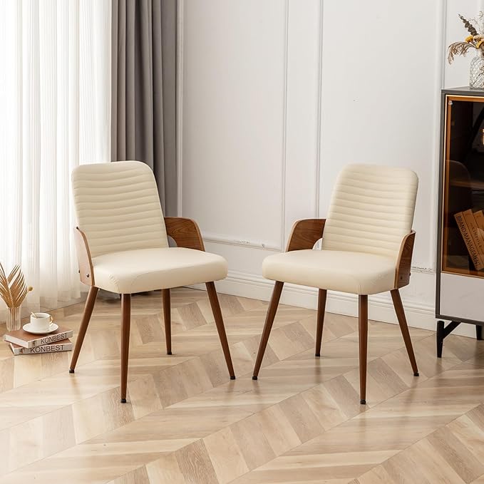 Dining Room Chairs Set of 2,Mid Century Modern Kitchen Chair,Upholstered Faux Leather Chairs,Metal Legs Wooden Desk Chair,Armless and No Wheels for Kitchen Dining,Beige PU